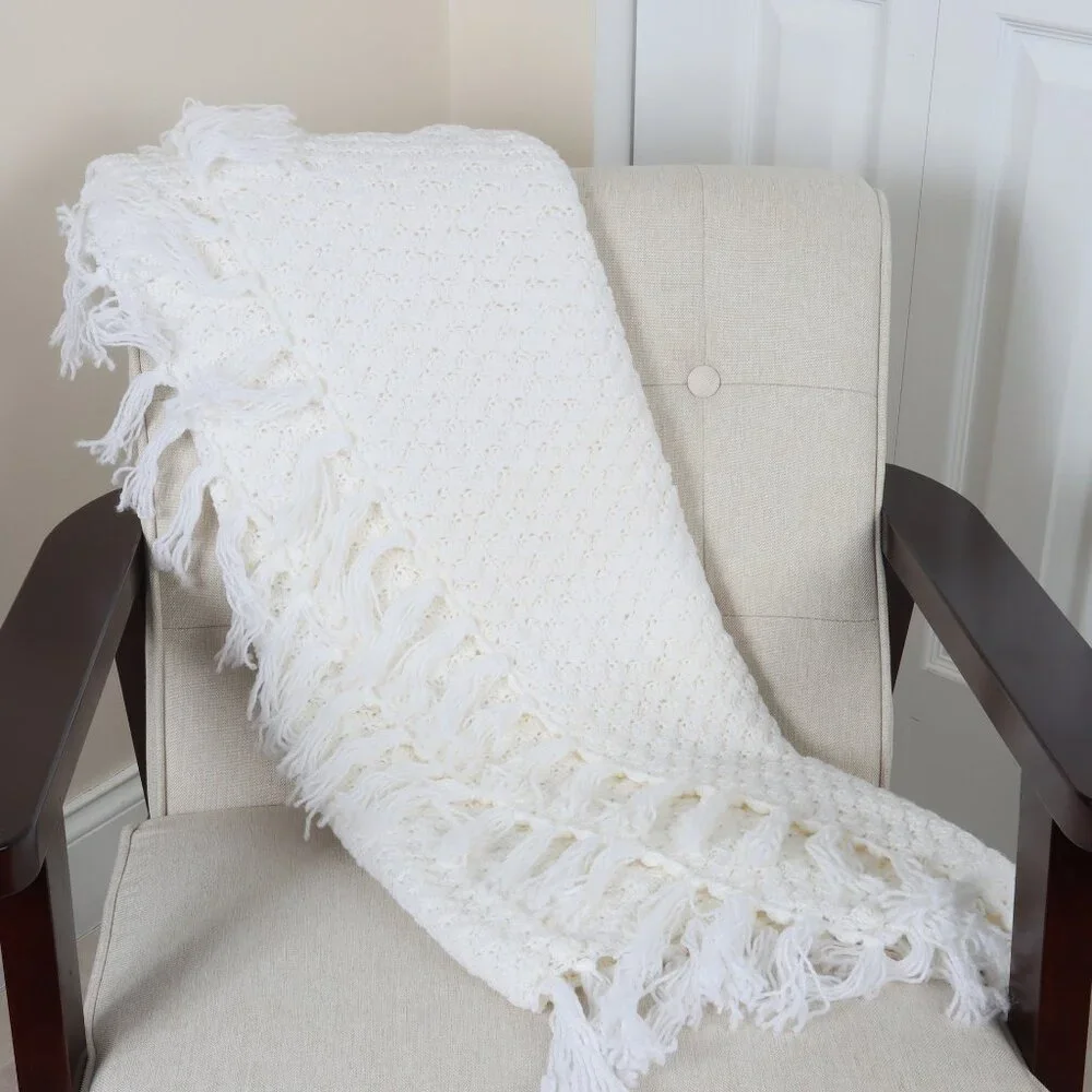 White Crochet Blanket with Tassels, Handmade